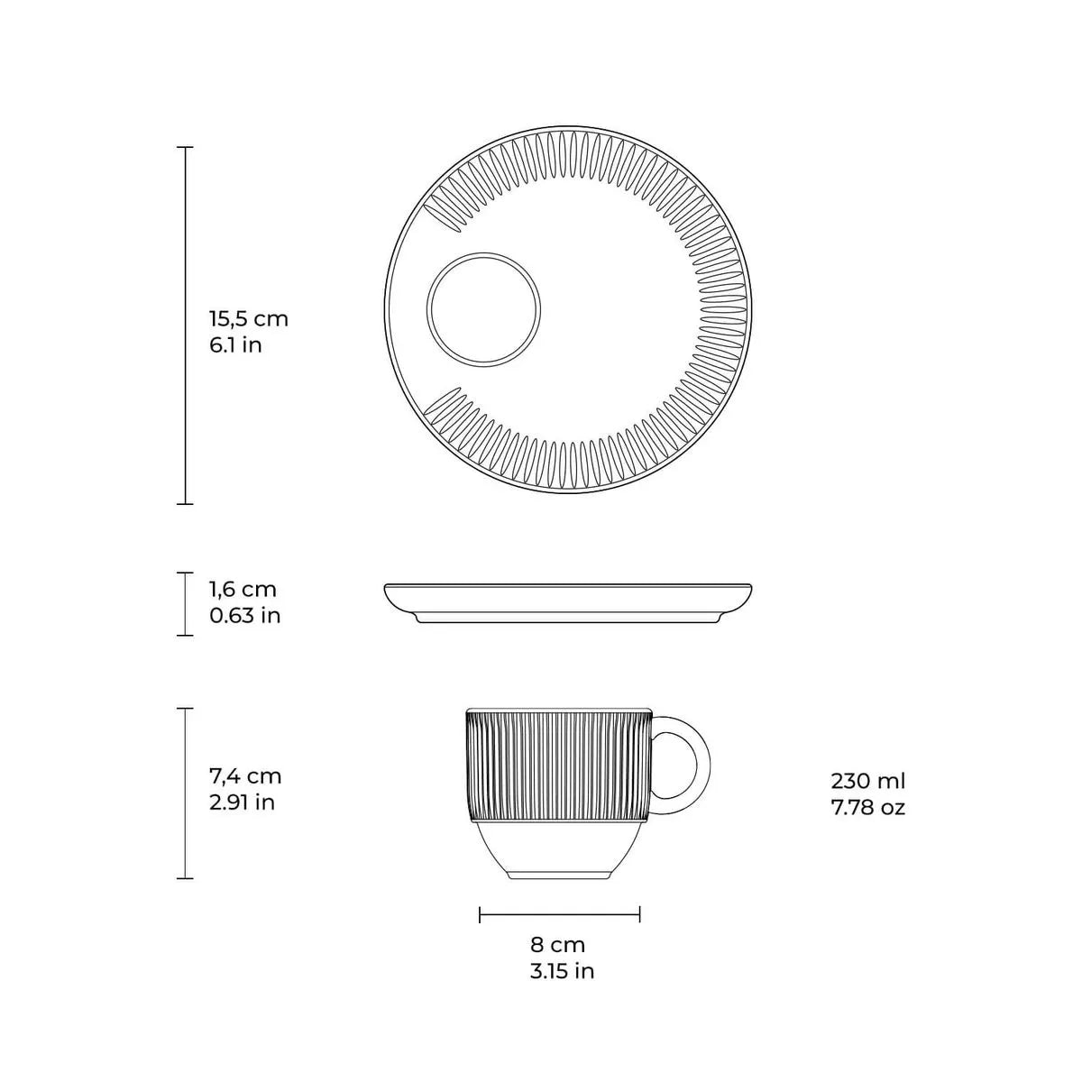 Xícara de Chá Empilhável com Pires Linhas Latte 230ml (Unidade)