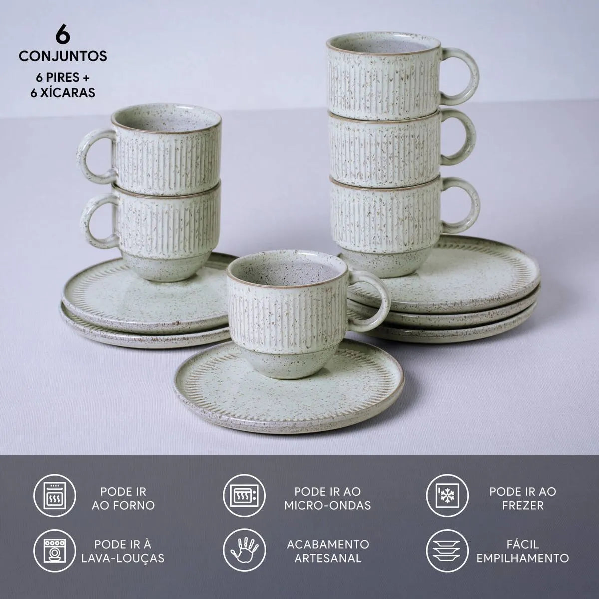Xícara de Chá Empilhável com Pires Linhas Pistache 230ml (Unidade)